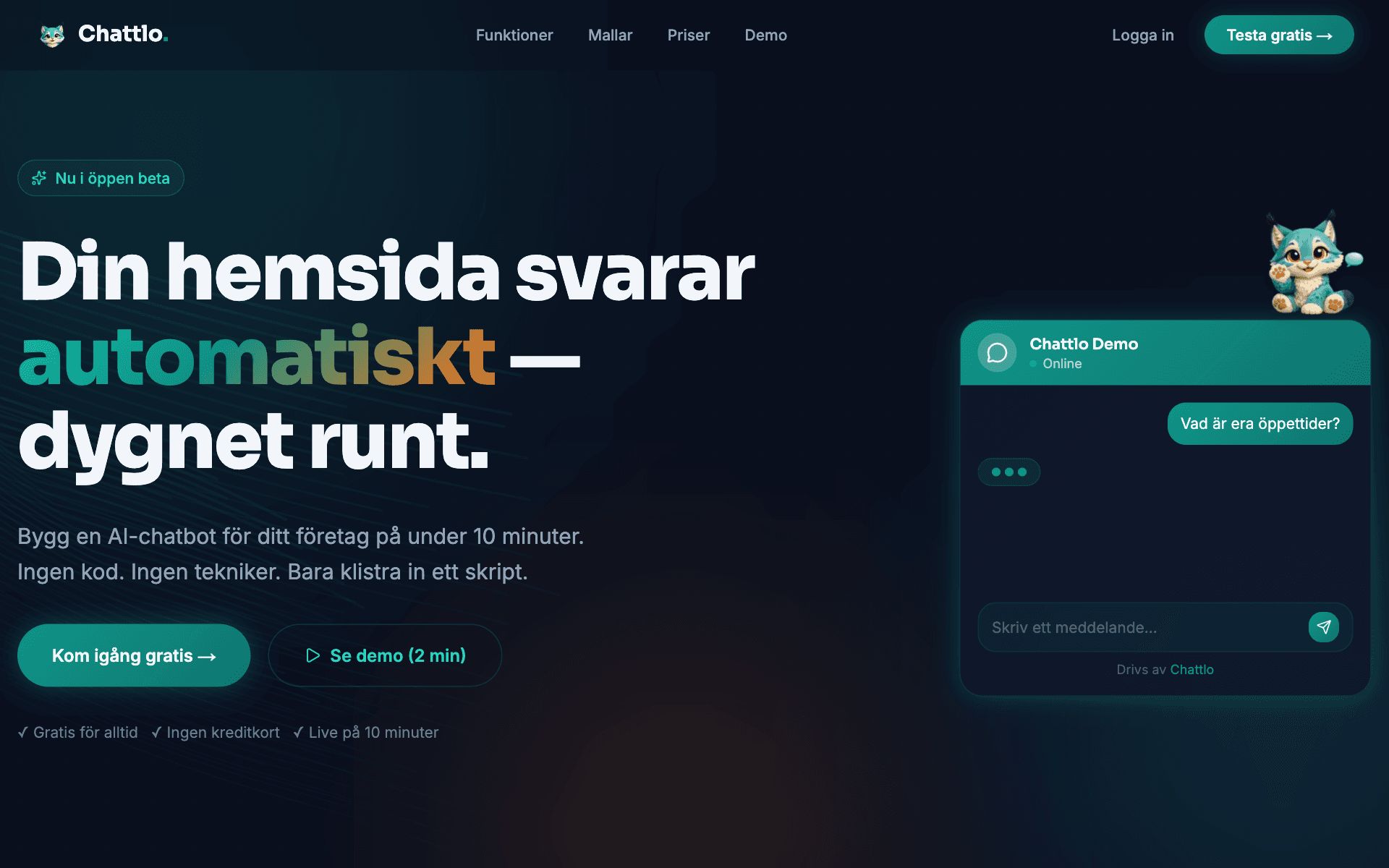 Chattlo AI-chatbot för företag med automatiska svar på hemsidan