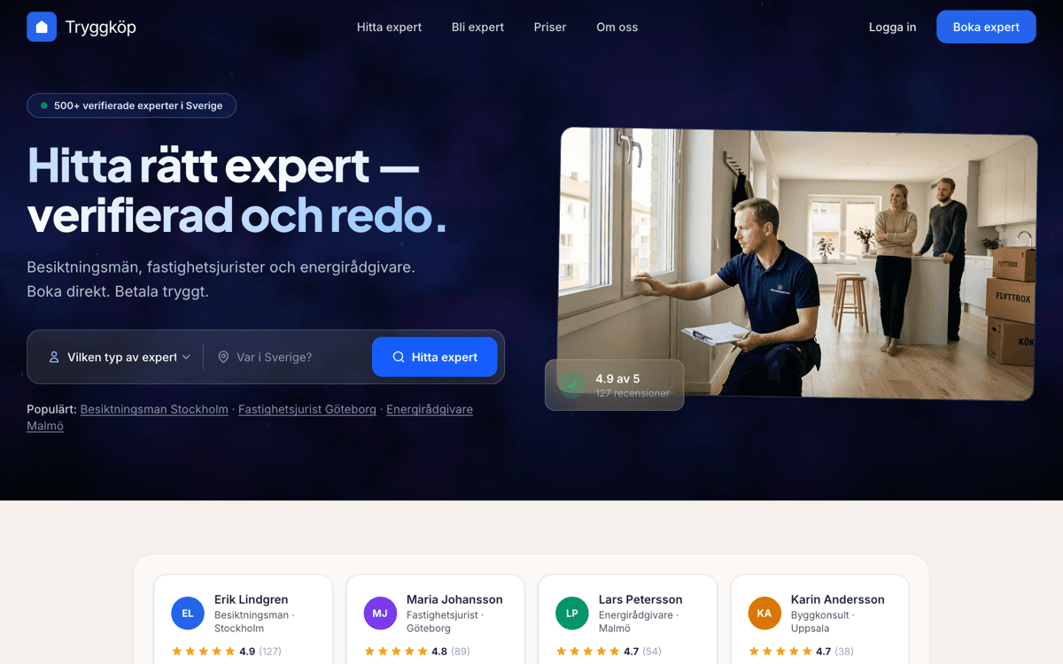 Tryggköp marknadsplats för verifierade fastighetsexperter i Sverige